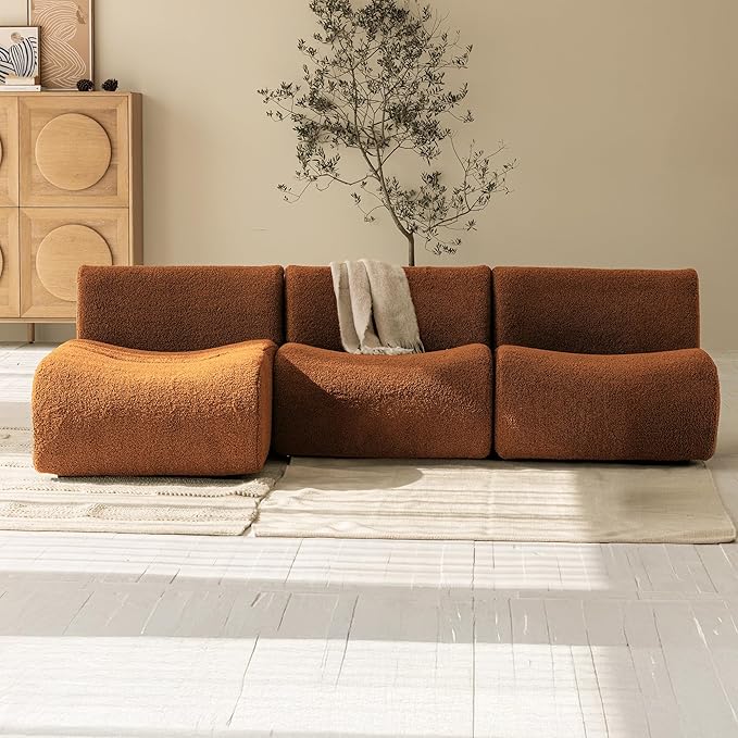 45" Curved Sectional Chaise, Modern Single Sofa Lounge Chair with Deep Seat, Boneless Modular Sherpa Sofas for Small Living Room, Bedroom, Apartment– No Assembly,Orange