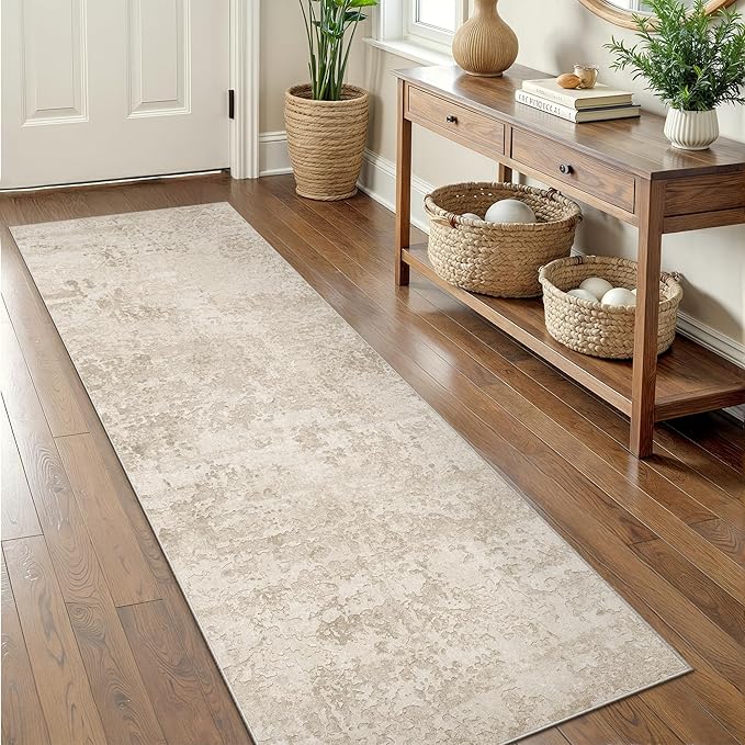 Art&Tuft Runner Rug Non-Slip - 2‘6" x8' Washable Hallway Runner Rug, Low-Pile Rugs Runners, Soft Distressed Carpet Runners for Hallway Bedroom Bathroom Kitchen Laundry Living Room, Beige
