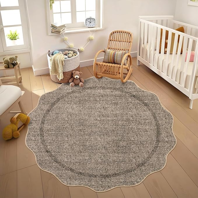 GarveeHome Scalloped Round Area Rugs, Washable Small Round Rug 3ft Non-Slip, Soft Boho Ultra-Thin Circle Low Pile Stain Resistant Carpet for Bedroom Entryway Kitchen Laundry Bathroom, Taupe