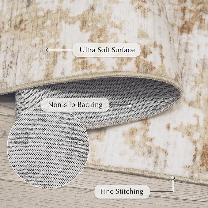 FMFUNCTEX 4x6 Washable Area Rug Abstract Modern Neutral Brown Grey Non Slip Soft Low Pile Thin Accent Entryway Entrance Indoor Carpet for Living Room Bedroom Dining Office Nursery Bedside, Grey Gold