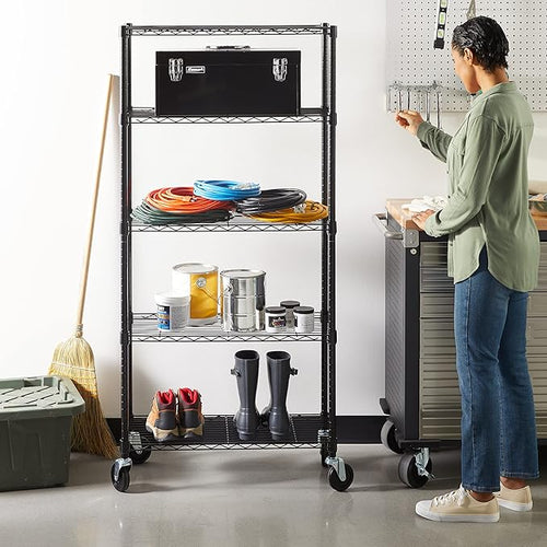 Amazon Basics 5-Shelf Heavy Duty Garage Shelving Storage Rack with 4" Wheel Casters, Adjustable Metal Wire Organizer, 300 lbs Per Shelf, 30" x 14" x 64.75", Black