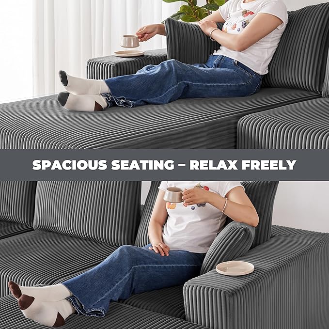 Weture 108” Modular Sectional Couches, Modern Modular U-Shape Sofa with Chaise, Cloud Sectional Couch with Deep Seat, Upholstered Boneless Sofa for Living Room (Corduroy, Gray)