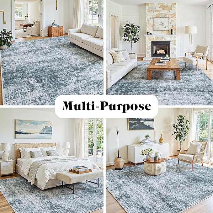 5x7 Area Rugs Washable Rug:Anti-Skid Abstract Modern Living Room Rug Soft Thin Carpets Indoor Floor Non-Shedding Carpet for Bedroom Dining Farmhouse Nursery Home Office(Light Slate Blue/White, 5x7)