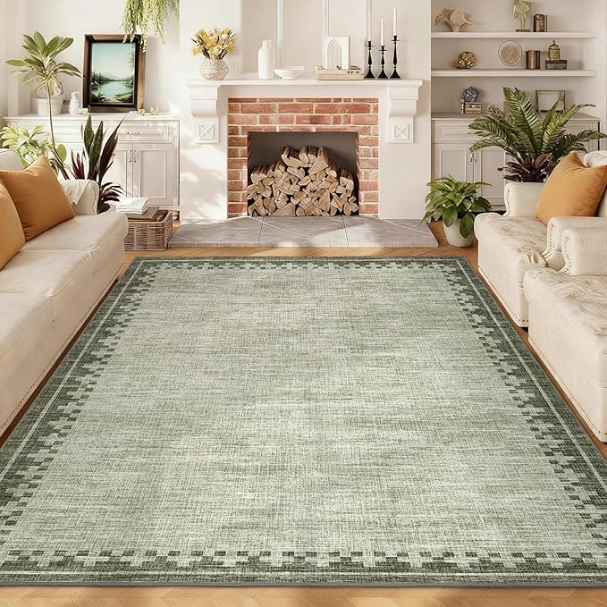 GarveeHome 8x10 Neutral Area Rugs Machine Washable&Non Slip Modern Bordered Stain Resistant Low Pile Carpet for Living Room Dining Room Bedroom Laundry Room Home Office, Green