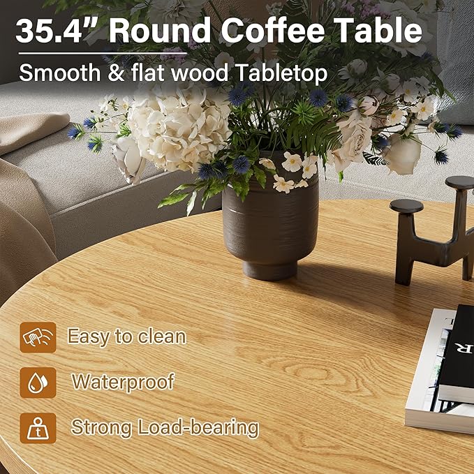 Furniway Round Coffee Table, 35.4" Circle Wide Coffee Table, Wood Table and Center Table for Living Room, Natural