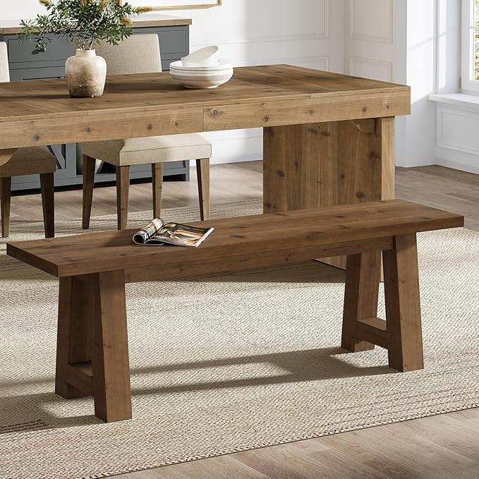 55" Solid Wood Bench, Farmhouse Long Entryway Bench for Living Room, Dining Room, Dark Brown