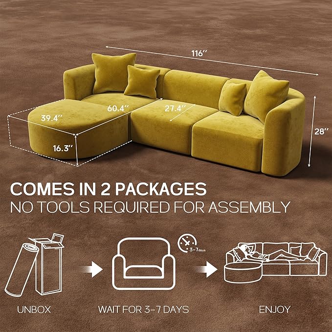 116" Modular Sectional Couches with Ottoman, Luxury Modern Curved Back Sofa, Minimalist Style Oversized 4 Seat Deep Comfy Convertible L Shape Boneless Couch for Living Room Studio Apartment, Yellow