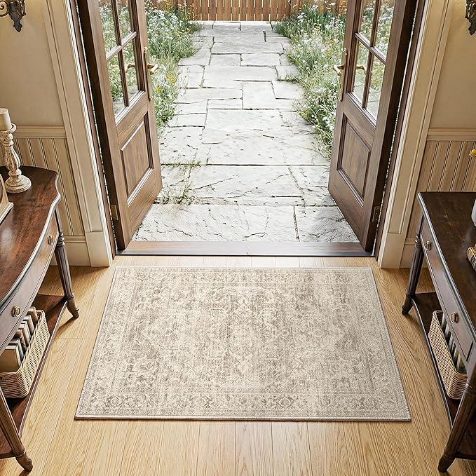 FMFUNCTEX Entryway Rug 2x3 Washable Brown Vintage Distressed Oriental Door Mat Non Slip Low Pile Indoor Carpet Soft Retro Small Throw Area Rugs for Entry Way Entrance Bedroom Kitchen Bathroom Laundry
