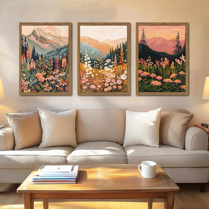 Boho Colorful Landscape Wall Art Set of 3, Vintage Wildflower Mountain Canvas Wall Decor Paintings, Rustic Nature Floral Pictures Prints for Living Room Bedroom 12x16 Inch Wood Framed
