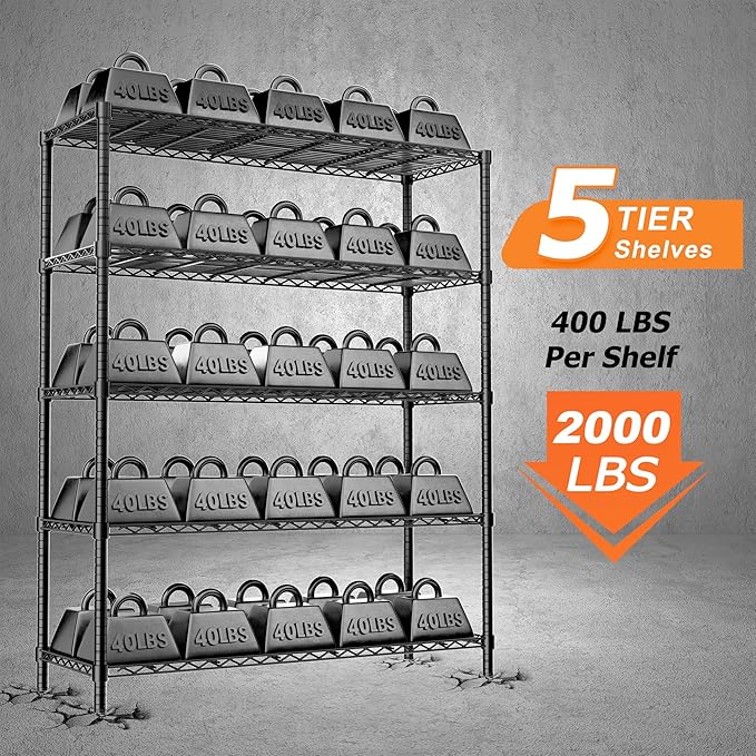 ROOMTEC 5-Tier Heavy Duty Wire Shelving Unit, 40" W x 16" D x 72" H Garage Shelving, 2000 lbs Total Capacity Adjustable Storage Rack, Metal Shelf for Kitchen, Pantry, Laundry Room, Basement