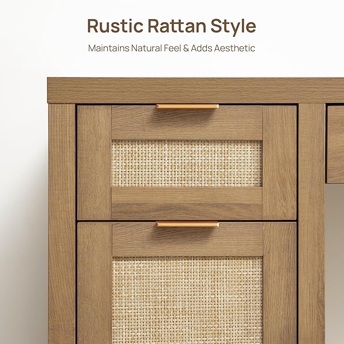 SICOTAS 52" Rattan Home Office Desk with 3 Drawers: Boho Executive Desk with 2 Storage Cabinets, Large Computer Writing Table for Study, Office, Living Room