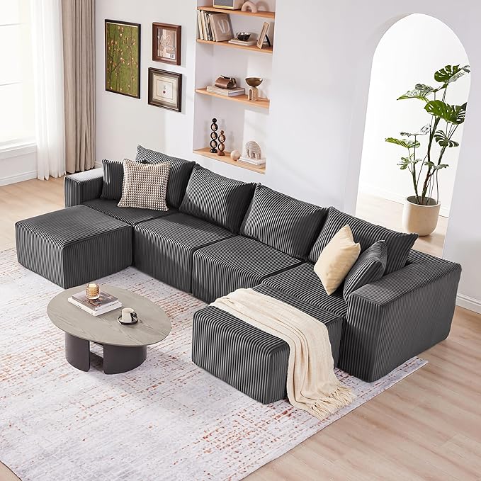Weture 135.4" Cloud Couch Sectional, Modular Sectional Sofa with Deep Seat, Plush Corduroy U Shaped Boneless Couch, Convertible Sectional Couches for Living Room, 6Seat, Grey