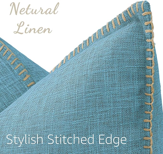 decorUhome Summer Decorative Throw Pillow Covers 24x24 Set of 2 Square Faux Linen Farmhouse Euro Sham Pillow Covers with Stitched Edge Outdoor Pillow Covers for Couch Sofa Living Room, Teal