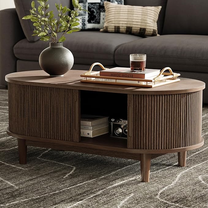 LINSY HOME Oval Coffee Table, Wood Coffee Table with Storage, Fluted Accent Center Table with Sliding Tambour Door, 39" Mid Century Modern Coffee Tables for Living Room, Bedroom, Apartment, Walnut