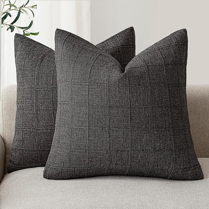 Foindtower Set of 2 Decorative Linen Check Throw Pillow Covers Neutral Farmhouse Vintage Cushion Covers Modern Boho Home Decor for Sofa Chair Couch Bedroom Living Room,24×24 Inch,Charcoal