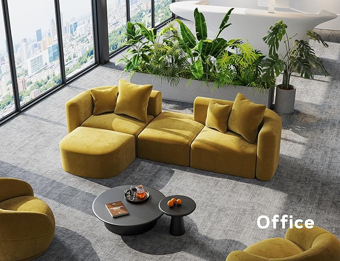 116" Modular Sectional Couches with Ottoman, Luxury Modern Curved Back Sofa, Minimalist Style Oversized 4 Seat Deep Comfy Convertible L Shape Boneless Couch for Living Room Office Apartment, Yellow