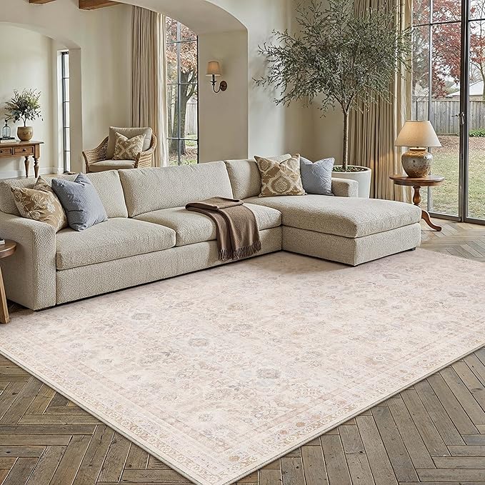 5x7 Washable Neutral Area Rug for Living Room Beige Floral Non Slip Low Pile Throw Rug Modern Traditional Stain Resistant Carpet Bedroom Kitchen Playroom Office Dining Room
