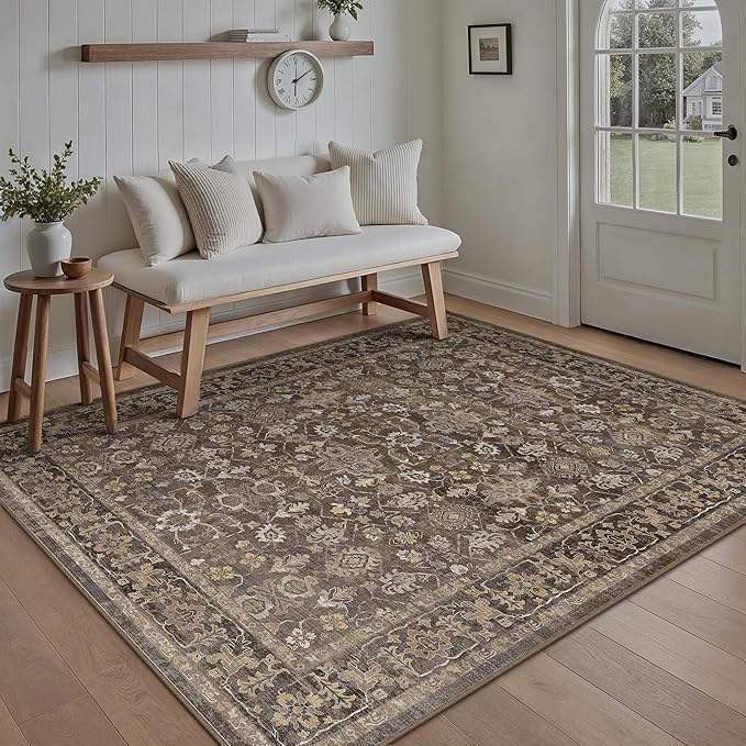 5x7 Brown Washable Vintage Area Rug for Living Room Soft Floral Non Slip Large Rug Modern Low Pile Stain Resistance Indoor Carpet Bedroom Office Playroom Dining Laundry Room Kitchen