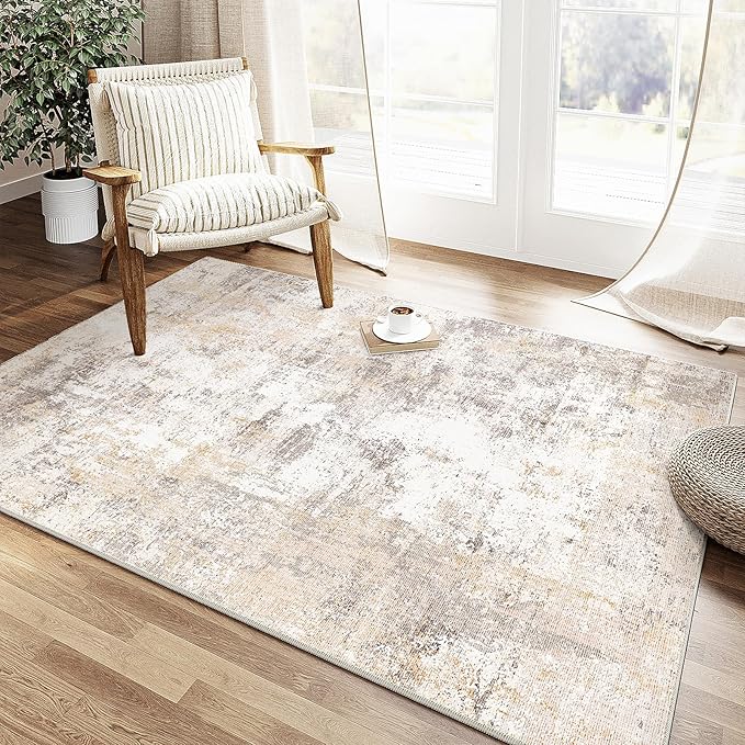 3x5 Washable Area Rug Beige Grey Abstract Non Slip Soft Low Pile Rug for Entryway Kitchen Bathroom Neutral Modern Throw Carpet for Living Room Bedroom Home Decor