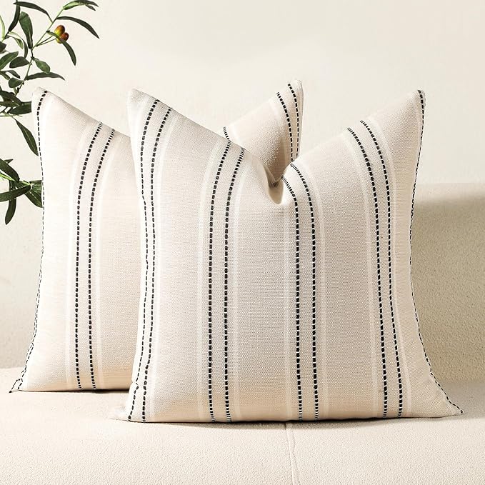 Hckot Hand Made Decorative Pillow Covers 18x18 Striped Throw Pillows Textured Linen Pillow Covers Farmhouse Decor Cushion Covers for Couch Bed Living Room, Black