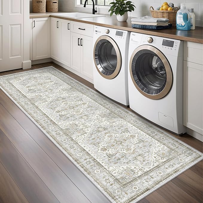 Runner Rug 2'x6' Washable Vintage Area Rugs for Hallway Non Slip Laundry Rug Runner Boho Floor Carpet Runners for Entryway Laundry Room Kitchen Bathroom (2'x6',Blue＆Beige)