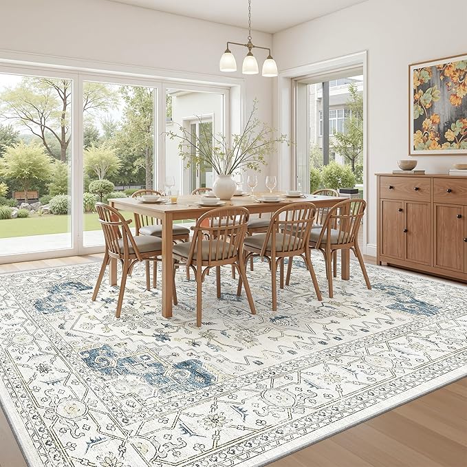 Living Room 10x14 Area Rugs, Washable Area Rug Stain Resistant Carpet Vintage Soft Rugs for Bedroom with Non Slip Backing Indoor Home Decor (10'x 14',BeigeBlue)