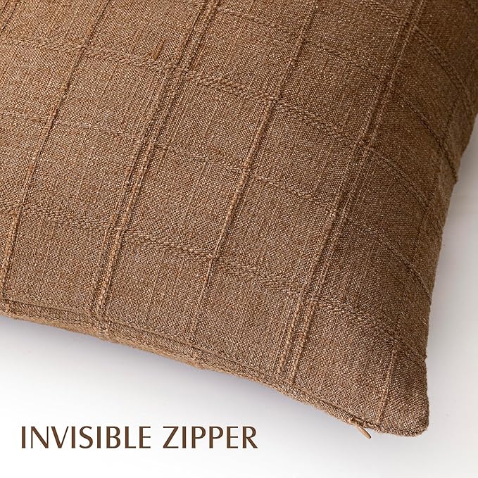 Foindtower Set of 2 Decorative Linen Check Throw Pillow Covers Neutral Farmhouse Vintage Cushion Covers Modern Boho Home Decor for Sofa Chair Couch Bedroom Living Room,20×20 Inch,Brown Hazel