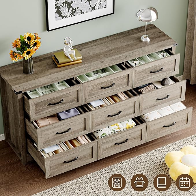 BORNOON 9-Drawer Dresser for Bedroom, Modern Wooden Chest of Drawers with Metal Handles, Anti-Tipping Design, Sturdy and Stable Storage Organizer for Living Room, Entryway, Home Office