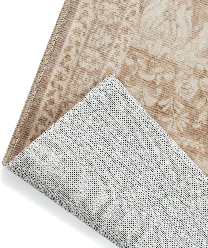 PureCozy 3x5 Area Rug Washable Entryway Office Vintage Carpet Indoor Non Slip Small Low Plie Thin Bedroom Kitchen Light Brown Rug Retro Accent Throw Living Dining Room Bathroom