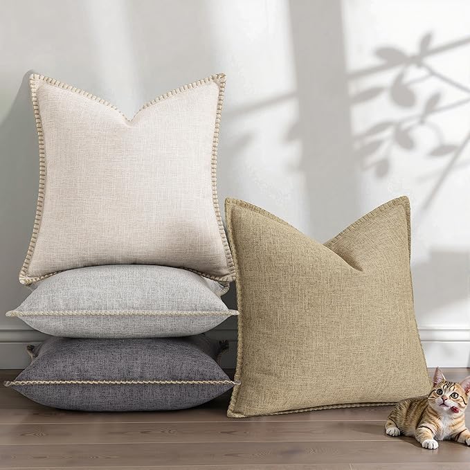 decorUhome Summer Decorative Throw Pillow Covers 24x24 Set of 2 Square Faux Linen Outdoor Neutral Farmhouse Euro Sham Pillow Covers with Stitched Edge for Couch Sofa Living Room, Beige