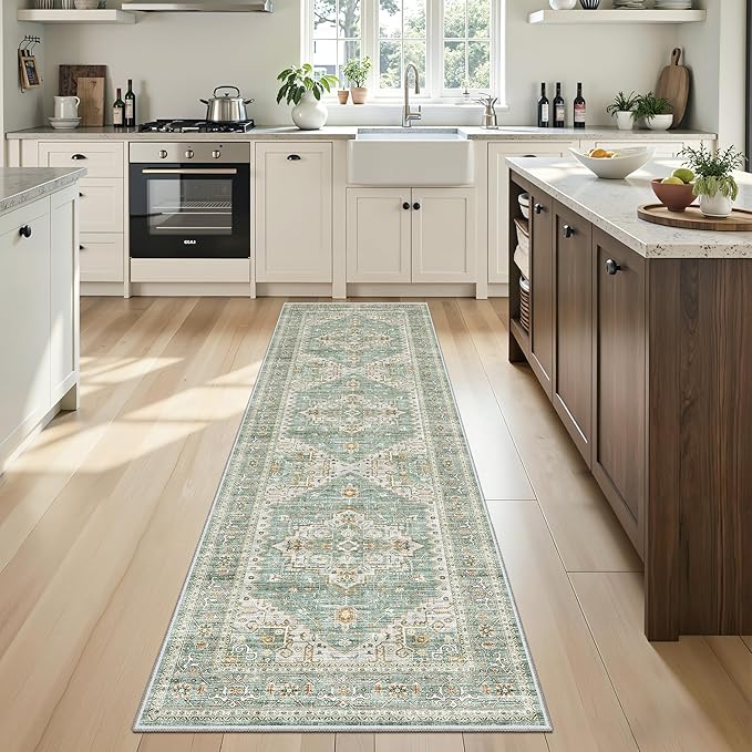 Washable 2x8 Runner Rug Vintage Area Rugs for Hallway Water Resistant Kitchen Entryway Rug Ultra Soft Living Room Bedroom Carpet Indoor Low Pile Floor Mat for Bathroom Dining Room (2'x8',Green)