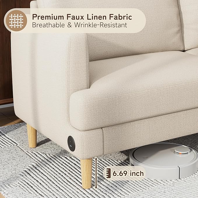 70" Modern Loveseat Sofa with USB Type-C Ports, Linen Fabric 2-Seater Deep Seat Couch, Cozy Small Couch Sofa for Living Room Bedroom Office Apartment (Beige)