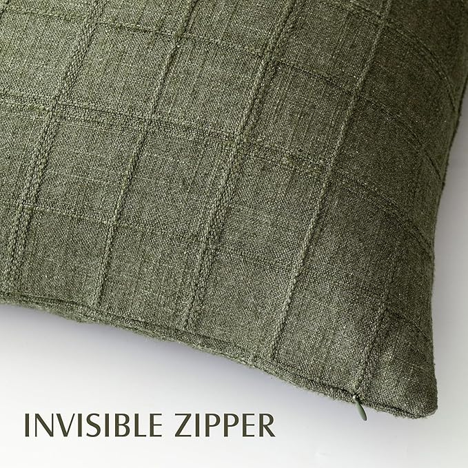 Foindtower Set of 2 Decorative Linen Check Throw Pillow Covers Neutral Farmhouse Vintage Cushion Covers Modern Boho Home Decor for Sofa Chair Couch Bedroom Living Room,20×20 Inch,Olive Green