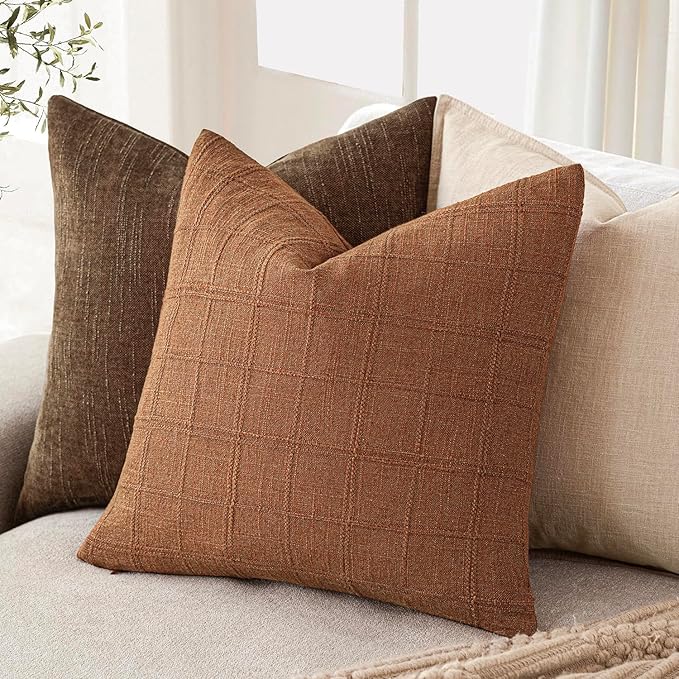 Foindtower Set of 2 Decorative Linen Check Throw Pillow Covers Neutral Farmhouse Vintage Cushion Covers Modern Boho Home Decor for Sofa Chair Couch Bedroom Living Room,24×24 Inch,Orange