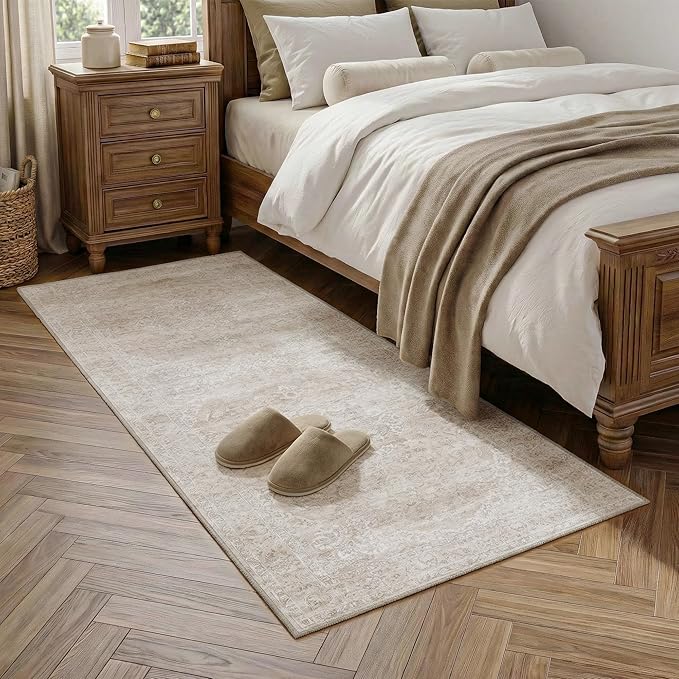 FMFUNCTEX 2x5 Runner Rug Beige Washable Vintage Neutral Distressed Oriental Non Slip Low Pile Indoor Carpet Retro Hallway Entryway Rug for Kitchen Laundry Bedroom Bathroom Entry Bedside Living Room