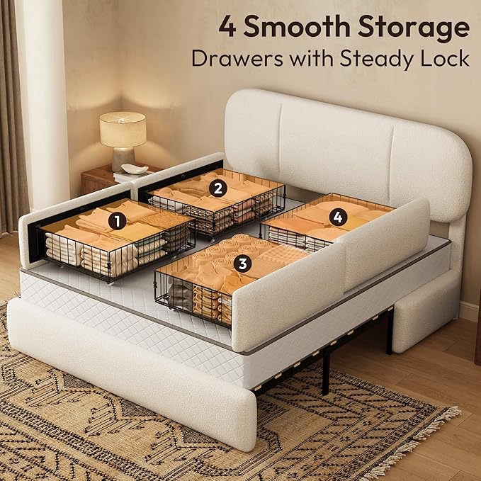 Full Size Bed Frame with Storage, Boucle Cloud Bed with 4 Locking Drawers & LED Lights, Modern Upholstered Platform Bed, Plush Sides & Footboard, Adjustable Headboard, No Box Spring, Beige