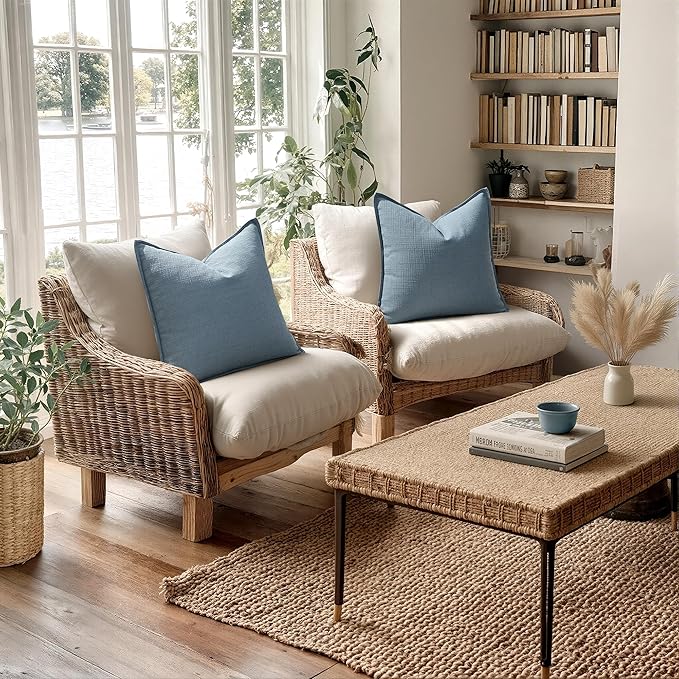 MIULEE Pack of 2 Thick Textured Couch Throw Pillow Covers, Blue Decorative Pillow Covers 20x20, Neutral Linen Cushion Cases for Sofa Bed Living Room Modern Farmhouse Home Decor, No Filling