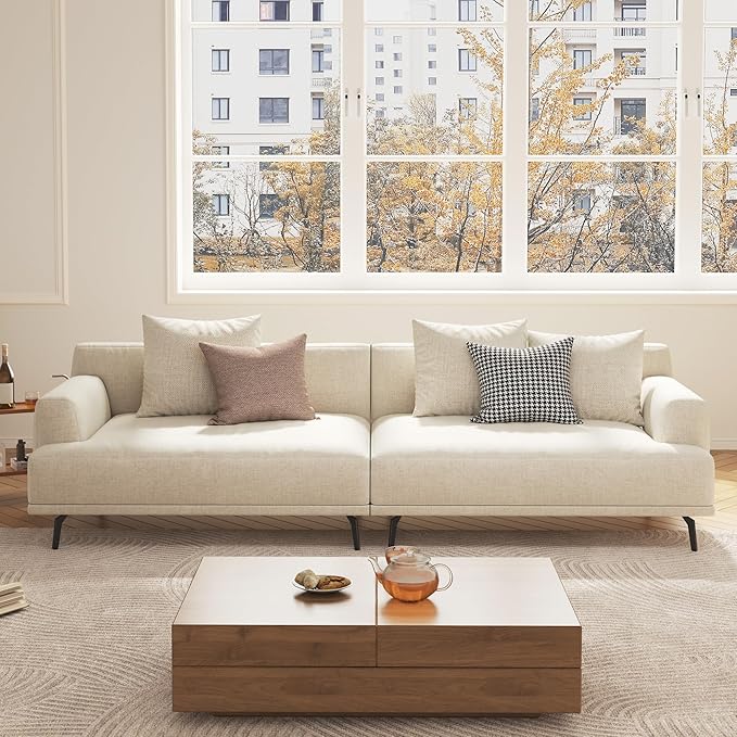 4-Seater Living Room Sofa - Modern Leisure Modular Sofa with Wooden Frame and Metal Legs, Soft Cotton-Linen Fabric, Easy to Install, Suitable for Office, Apartment, and Living Room, Grey, 110.2"