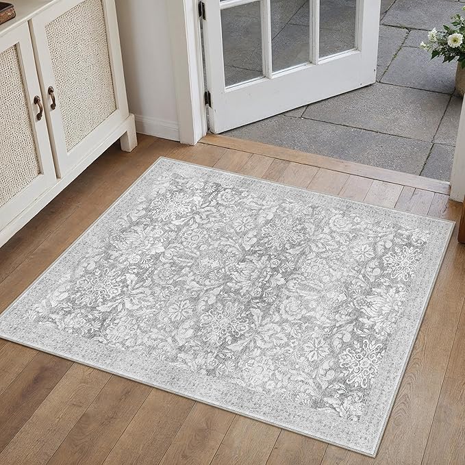 PureCozy Washable Area Rug 2x3, Small Non-Slip Gray Entryway Door Mat Vintage Low Plie Thin Indoor Kitchen Bathroom Rug Retro Accent Throw Entrance Bedroom Office Carpet Grey