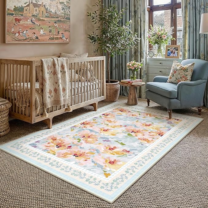 4x6 Washable Area Rug for Entryway Blue Floral Abstract Soft Throw Rug Modern Non Slip Low Pile Carpet for Kitchen Bathroom Living Room Bedroom