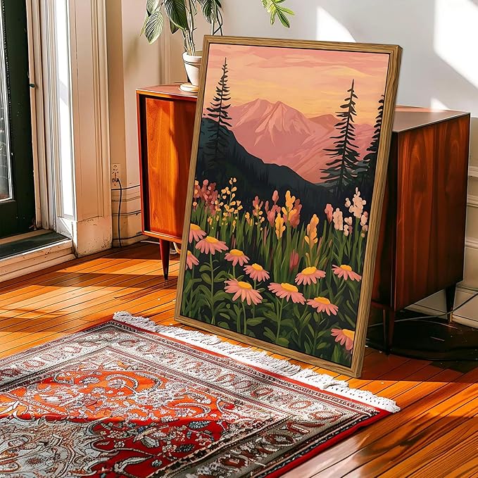 Floating Framed Boho Colorful Mountain Wall Art Set of 3, Vintage Wildflower Landscape Canvas Wall Decor Paintings, Nature Floral Forest Posters Pictures Prints for Living Room Bedroom 12x16 Inch