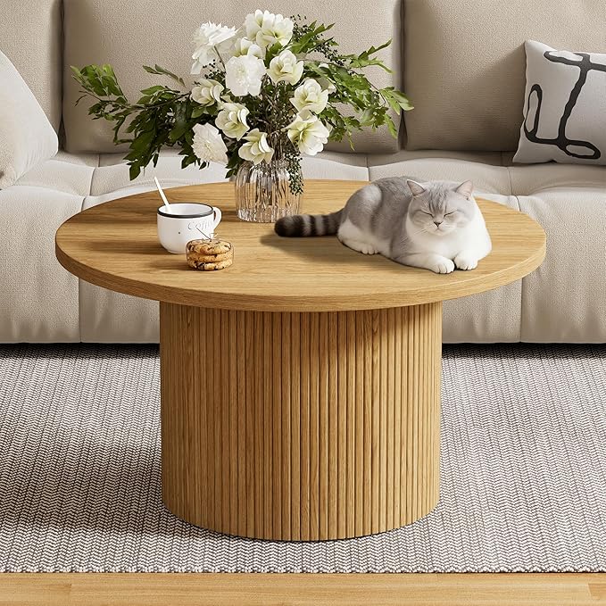 Furniway Round Coffee Table, 35.4" Circle Wide Coffee Table, Wood Table and Center Table for Living Room, Natural