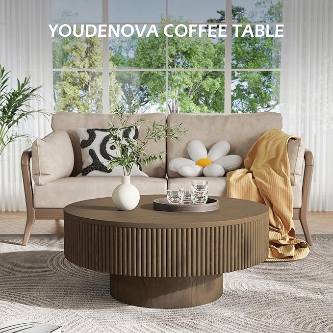 YOUDENOVA 35” Round Fluted Coffee Table, Modern Wood Circle Coffee Table, Veneer Handcrafted Relief Tea Table with Sturdy Pedestal for Living Room, Easy Assembly - Brown