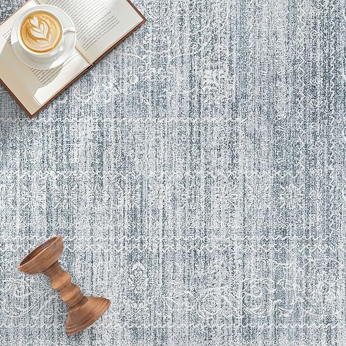10x12 Area Rug Living Room: Washable Large Vintage Blue Rug Neutral Non-Slip Soft Stain Resistant Indoor Carpet for Bedroom Nursery Dining Room Under Table Bed Home House Office Playroom