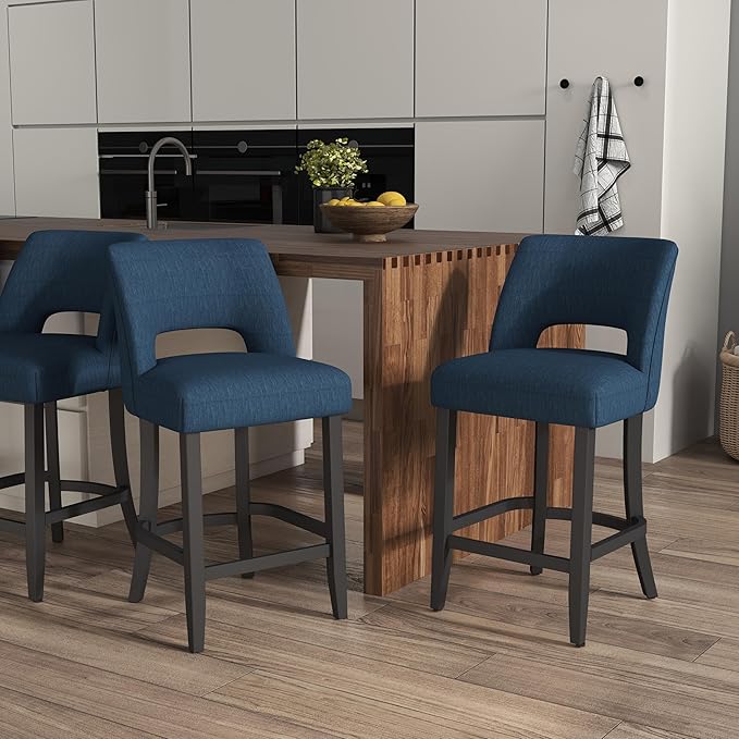 VKNOW Bar Stools Set of 4, Modern Counter Height Bar Stools, 26" Upholstered Counter Stools with Black Wood Legs for Kitchen Island Dining Room Bar, Blue-Black Legs