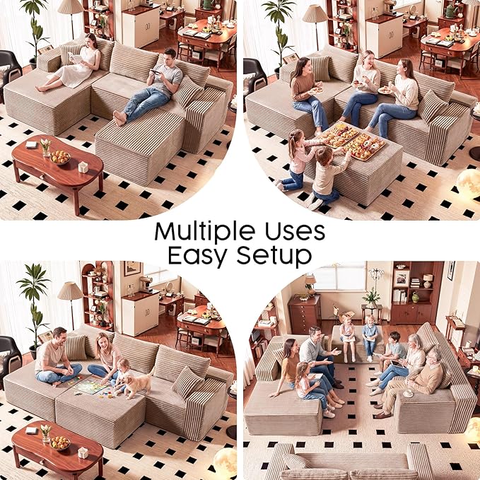 No Assembly Cloud Modular Sectional Sofa，108" U-Shape Corner Couch with Ottoman - Plush Corduroy, Deep Seating, Right Chaise (Camel) | Modern Minimalist Living Room Furniture