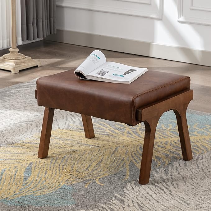 chairus Mid-Century Modern Brown Faux Leather Accent Chairs with Ottomans Set of 2, Comfy Upholstered Lounge Armchairs with Solid Wood Frame, Retro Reading Chairs for Living Room Bedroom Office