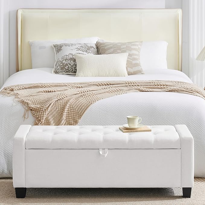 Huatean Home 43" Ottoman with Storage, White Storage Ottoman Bench with Safety Hinge, Upholstered Entryway Bench with Seating for Bedroom, Living Room, Holds up to 330 lb