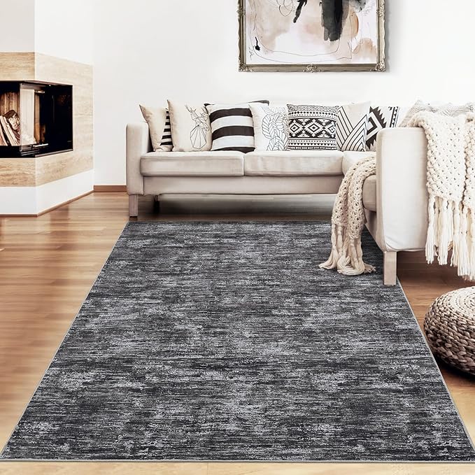RUGSREAL Living Room Area Rug 9x12 Machine Washable Rug Non-Slip Stain Resistant Modern Abstract Bedroom Rug Contemporary Accent Floor Carpet for Dining Room Solid Area Rug for Home Office, Dark Grey