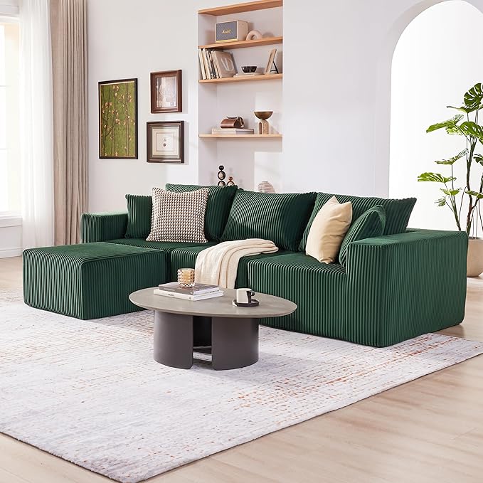 Weture 107.4" Cloud Couch Sectional, Modular Sofa with Deep Seat, Plush Corduroy L Shaped Boneless Couch, Convertible Sectional Couches for Living Room, 4Seat, Green